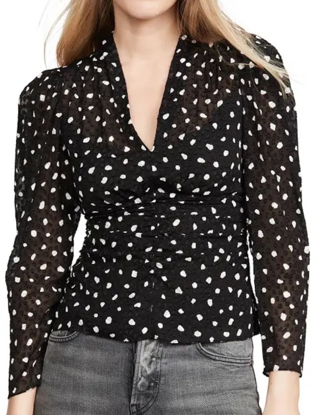 Rebecca Taylor Silk Top Womens Sz 0 Black Polka  Dot Ruched V Neck Sheer LS
